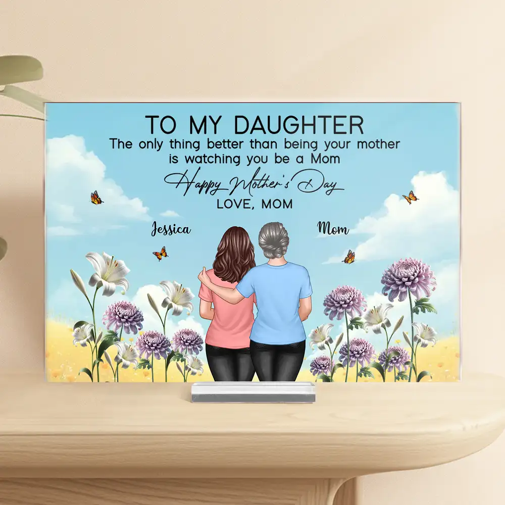 To My Daughter – Happy Mother's Day Acrylic Plaque with Hug Scene and Birth Month Flowers, Gift from Mom - Image 2