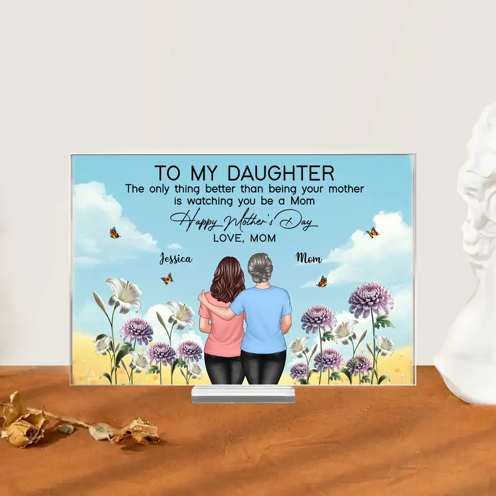 To My Daughter – Happy Mother's Day Acrylic Plaque with Hug Scene and Birth Month Flowers, Gift from Mom - Image 4