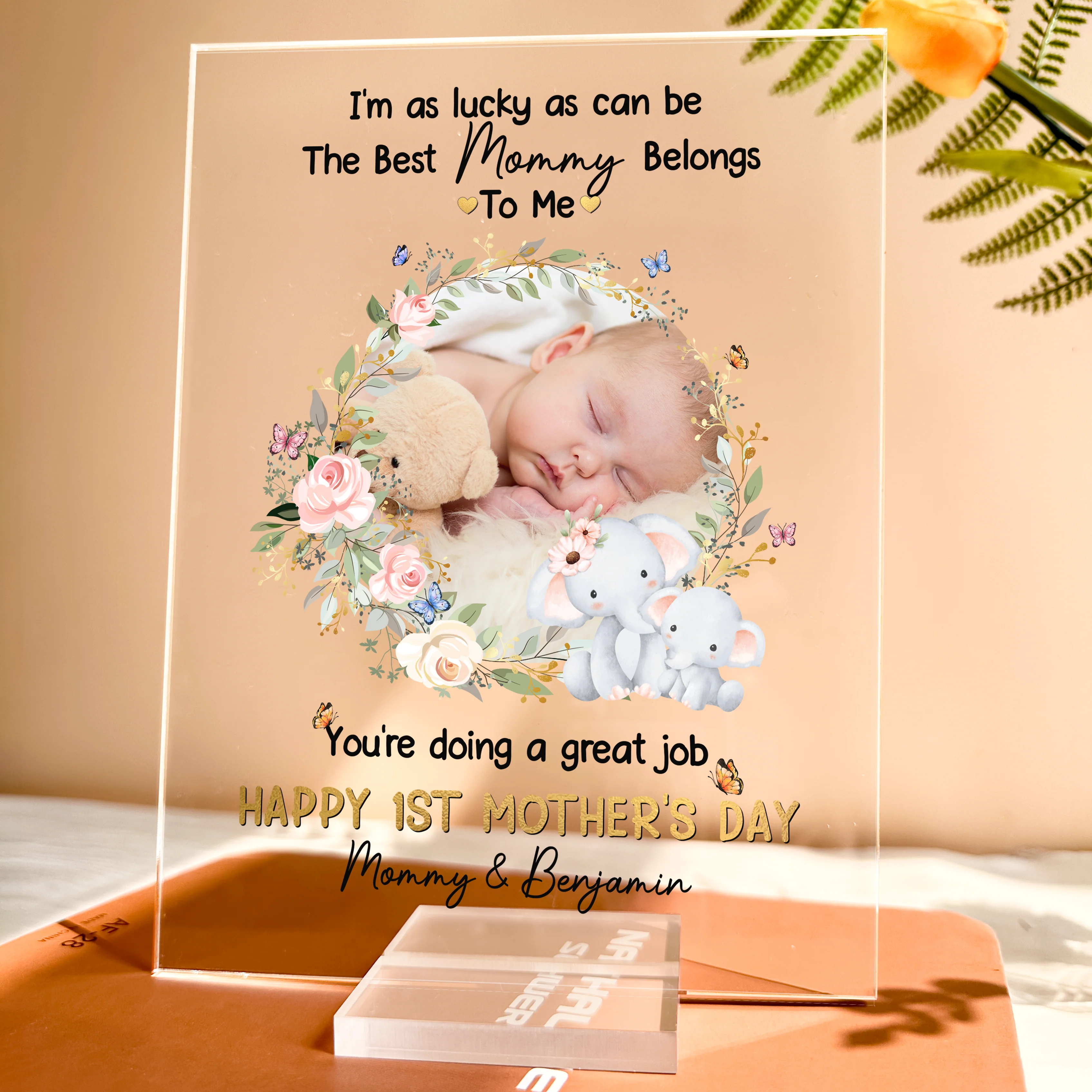 Personalized Baby Plaque with Sweet Floral Elephants Design - Image 5