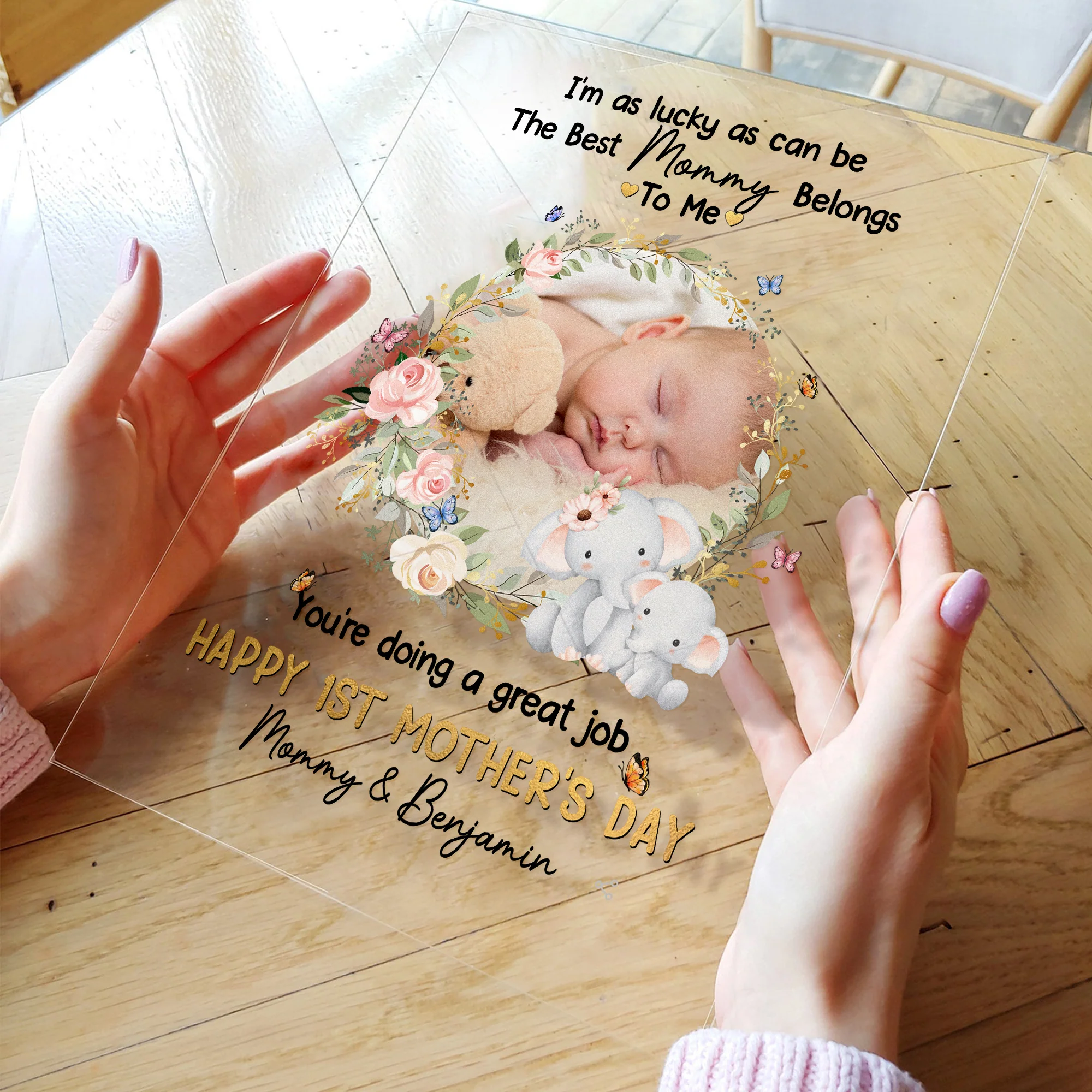 Personalized Baby Plaque with Sweet Floral Elephants Design - Image 6