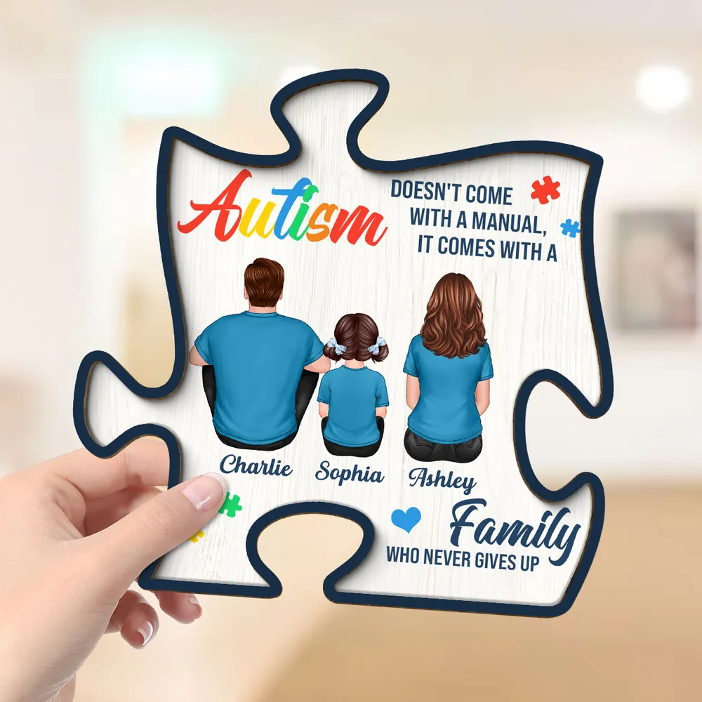 2-Layer Wooden Puzzle Plaque – Autism Family Quote “Family Who Never Gives Up” – Custom Parent & Child Back View Gift - Image 6