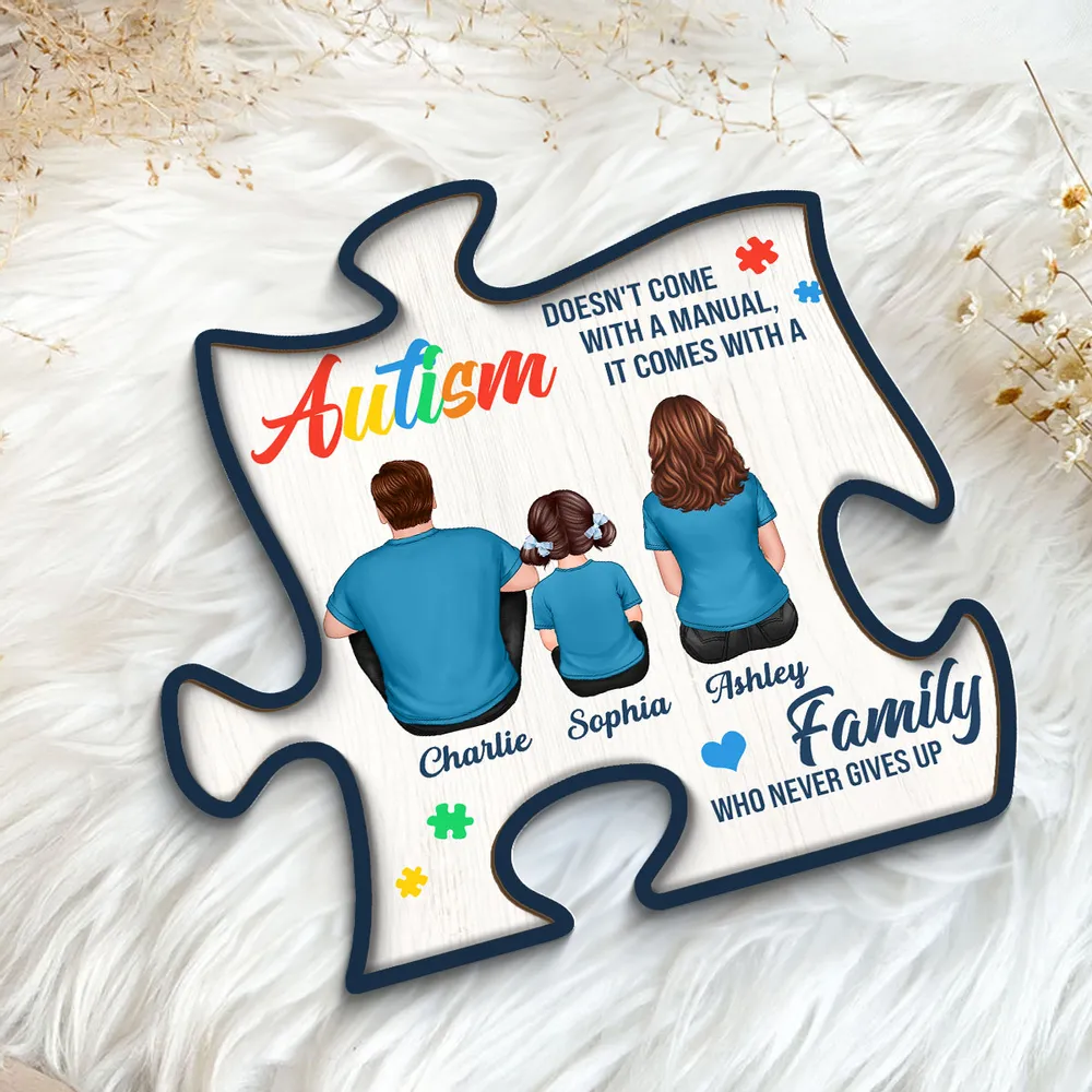 2-Layer Wooden Puzzle Plaque – Autism Family Quote “Family Who Never Gives Up” – Custom Parent & Child Back View Gift - Image 7
