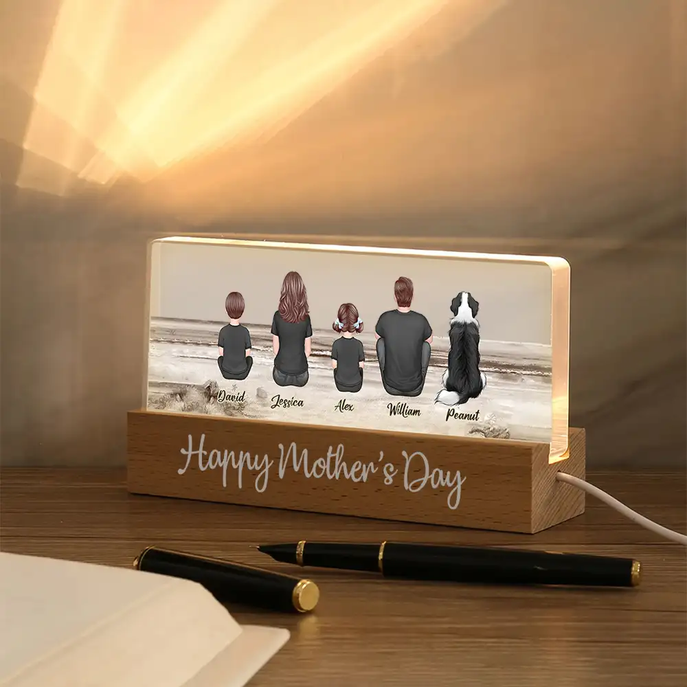 Family Sitting Back View Retro Vintage Beach Landscape Block LED Light Plaque, Mother's Day Gift Featuring Children and Pets - Image 10