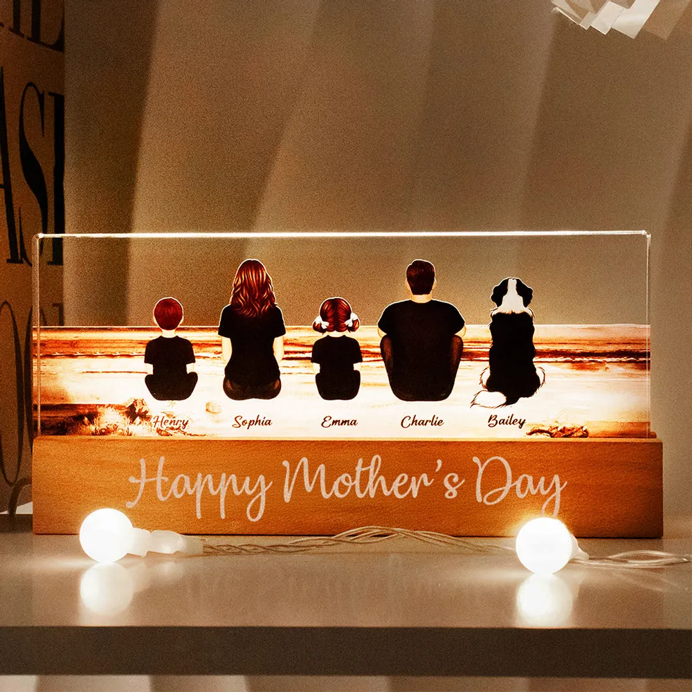 Family Sitting Back View Retro Vintage Beach Landscape Block LED Light Plaque, Mother's Day Gift Featuring Children and Pets - Image 4