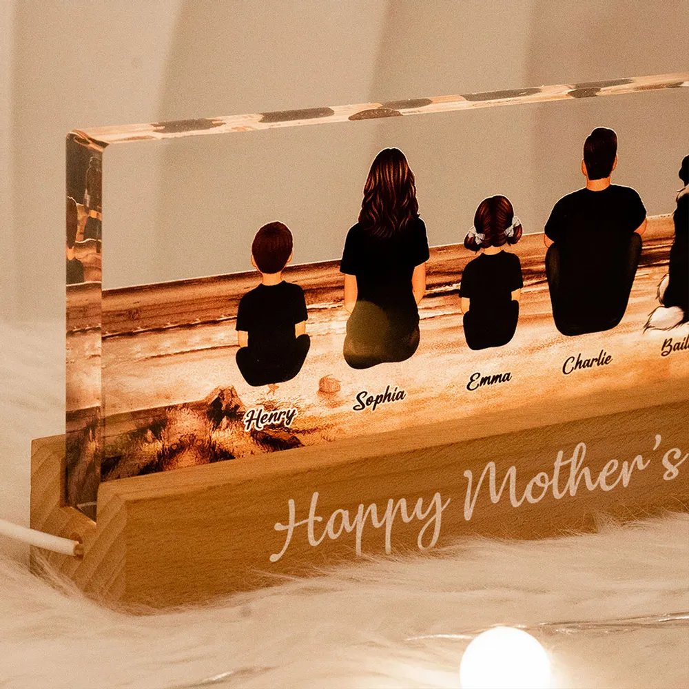 Family Sitting Back View Retro Vintage Beach Landscape Block LED Light Plaque, Mother's Day Gift Featuring Children and Pets - Image 7