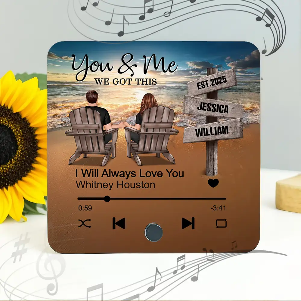 “You & Me, We Got This” Acrylic Music Magnet – Custom Couple Beach Scene – Personalized Gift for Loved Ones