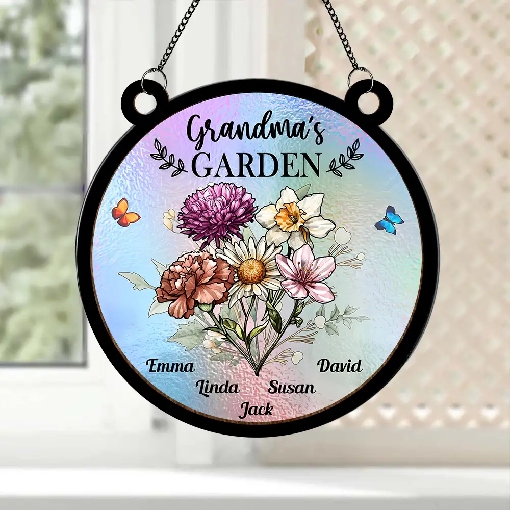 Personalized "Grandma’s Garden" Ornament – Custom Wood and Acrylic Layered Ornament for Grandma
