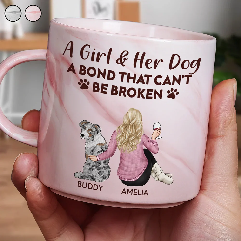 Personalized Marble Cup, Girl Sitting with Dog & Wine, Unbreakable Bond Quote – Pet Mom Gift - Image 3