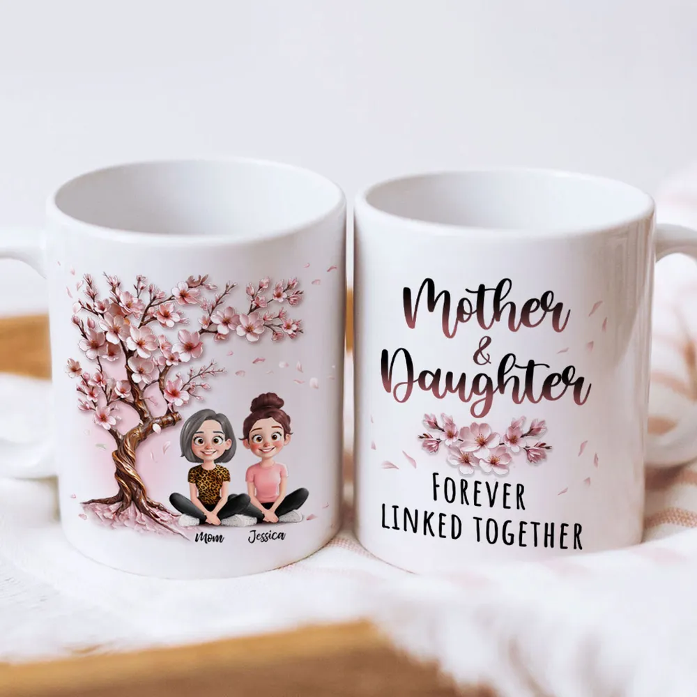 Cherry Blossom Mug with Mother & Daughter Cartoon, Personalized Gift - Image 5