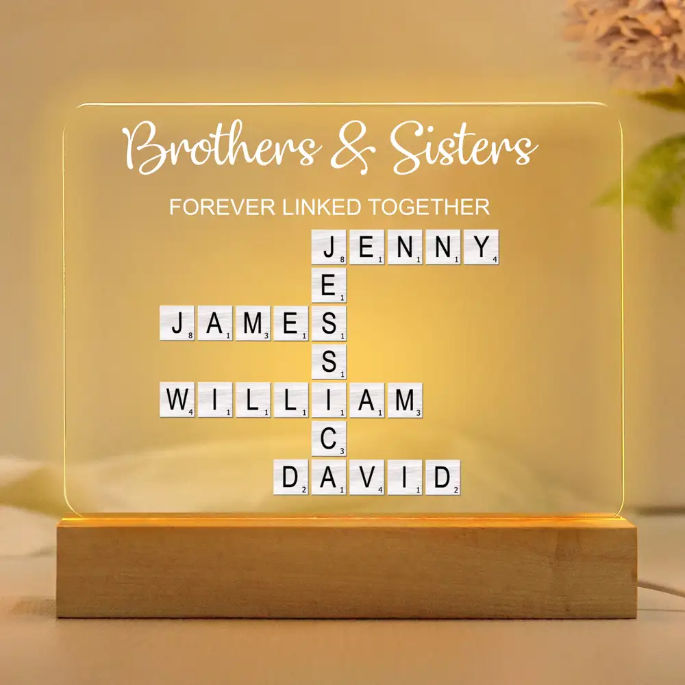LED Light Plaque – Brothers & Sisters Crossword Names, “Forever Linked Together” Personalized Sibling Gift - Image 2