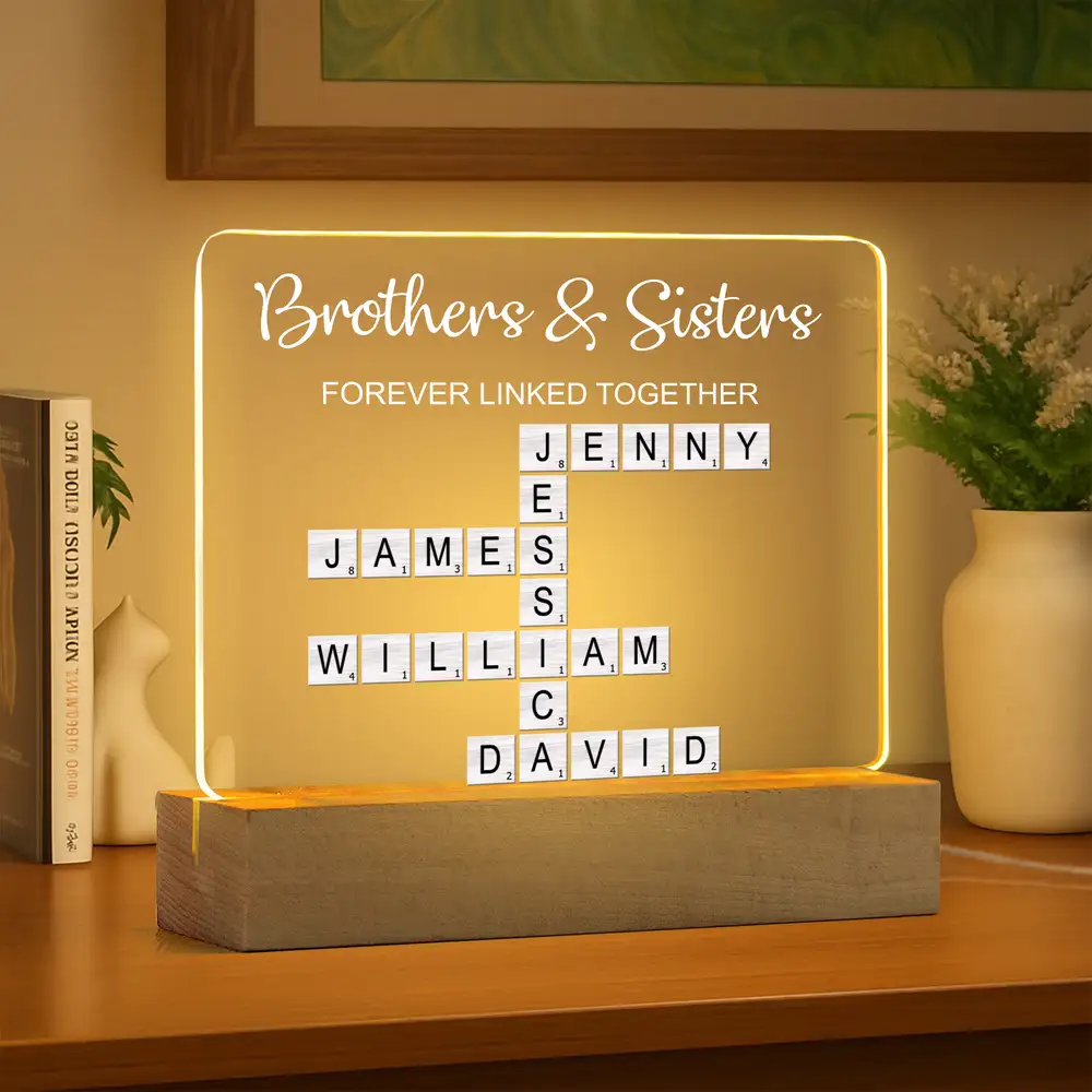 LED Light Plaque – Brothers & Sisters Crossword Names, “Forever Linked Together” Personalized Sibling Gift - Image 3