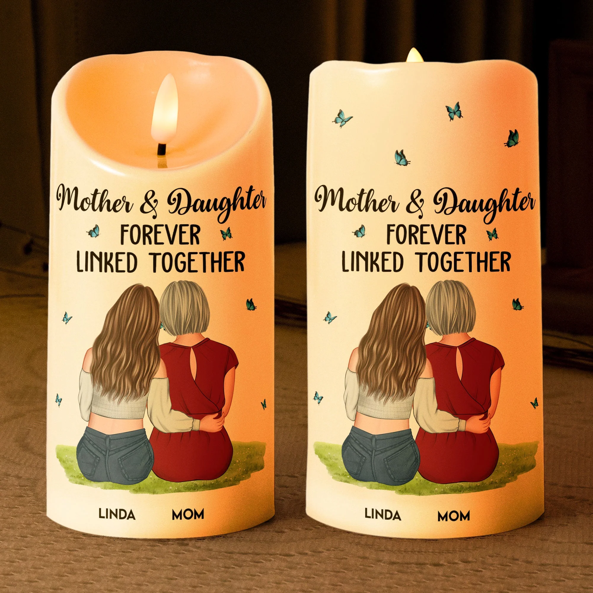 Flameless LED Candle – Mother & Daughter Back‑Hug Art, “Forever Linked Together” Personalized Light - Image 4