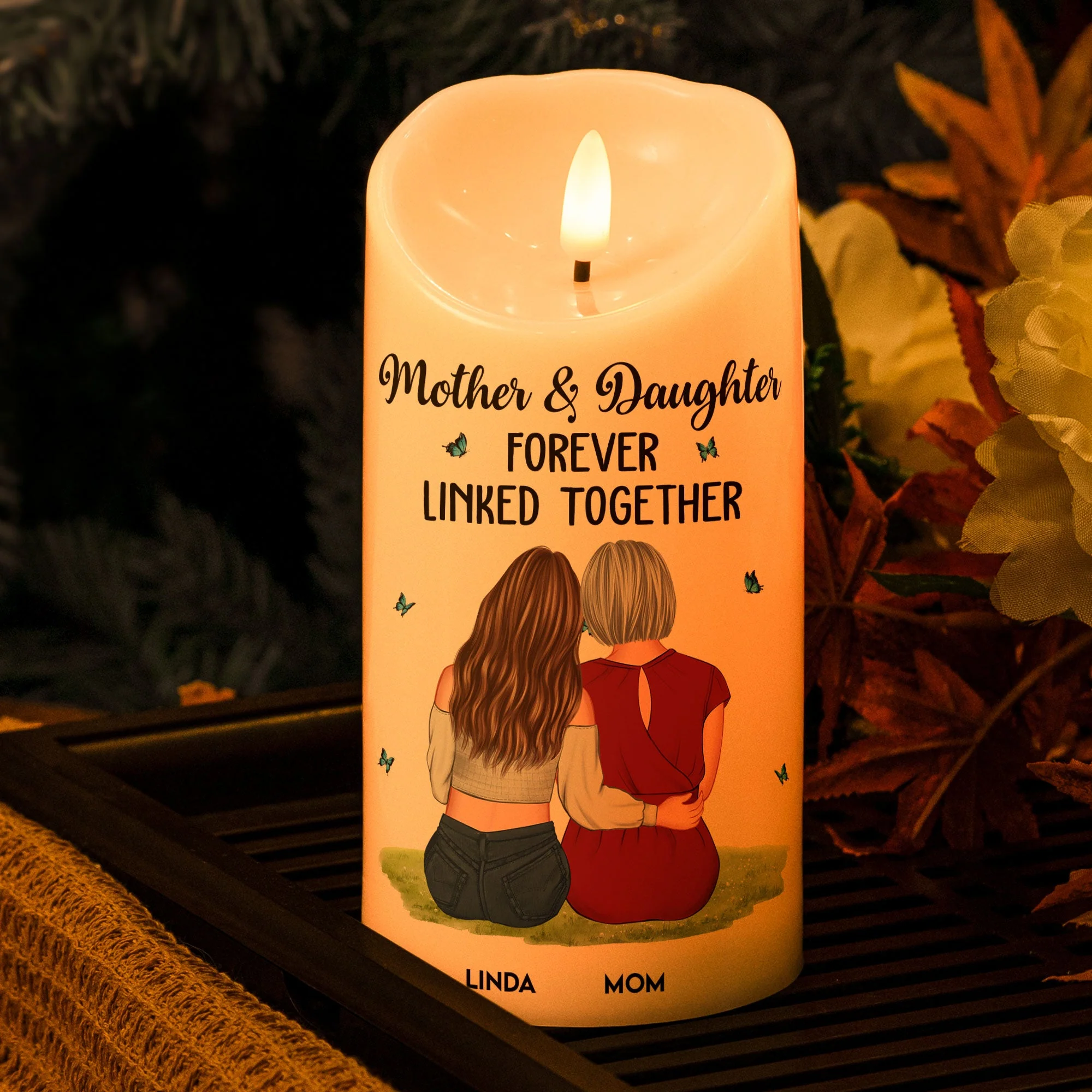 Flameless LED Candle – Mother & Daughter Back‑Hug Art, “Forever Linked Together” Personalized Light - Image 5