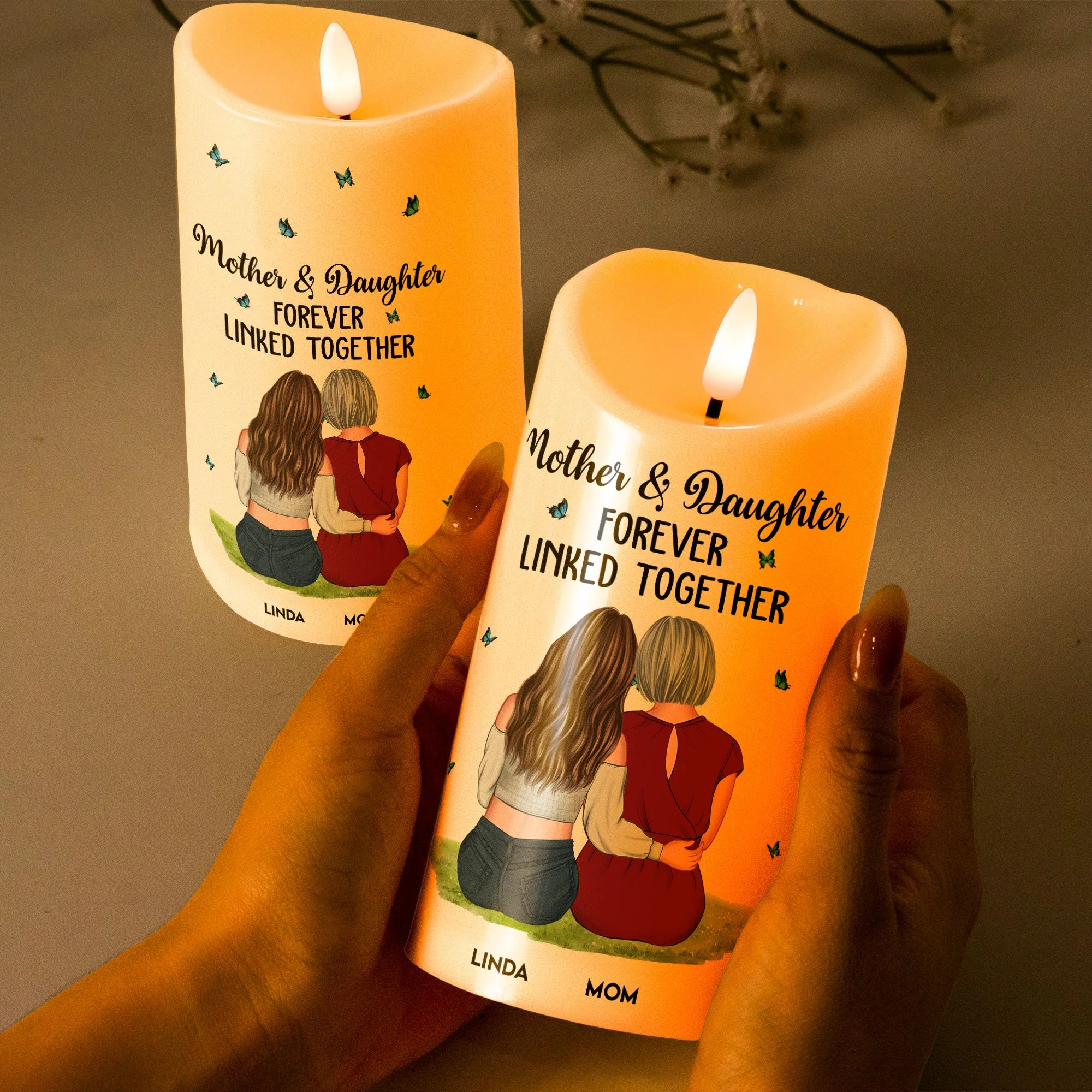 Flameless LED Candle – Mother & Daughter Back‑Hug Art, “Forever Linked Together” Personalized Light - Image 6