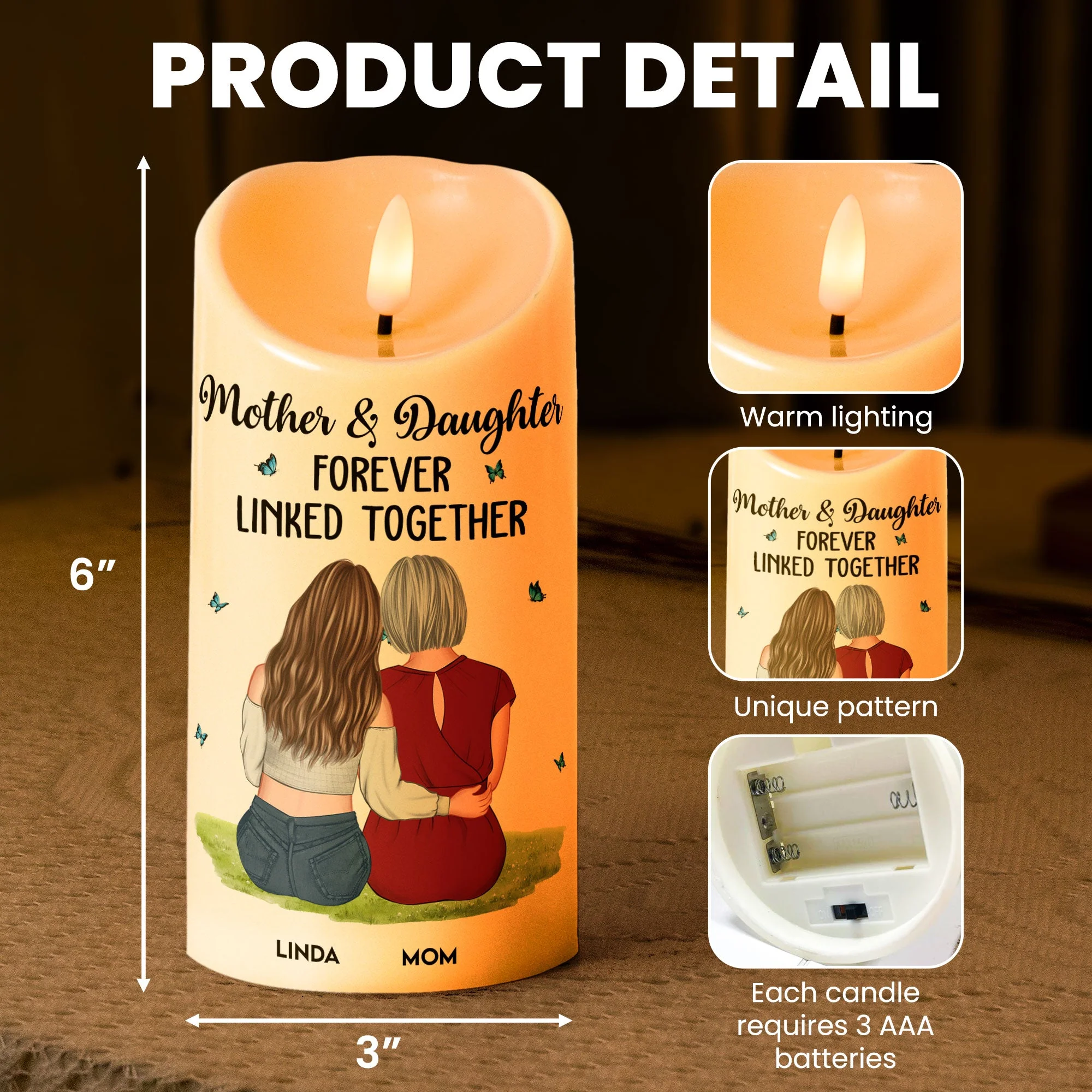 Flameless LED Candle – Mother & Daughter Back‑Hug Art, “Forever Linked Together” Personalized Light - Image 8
