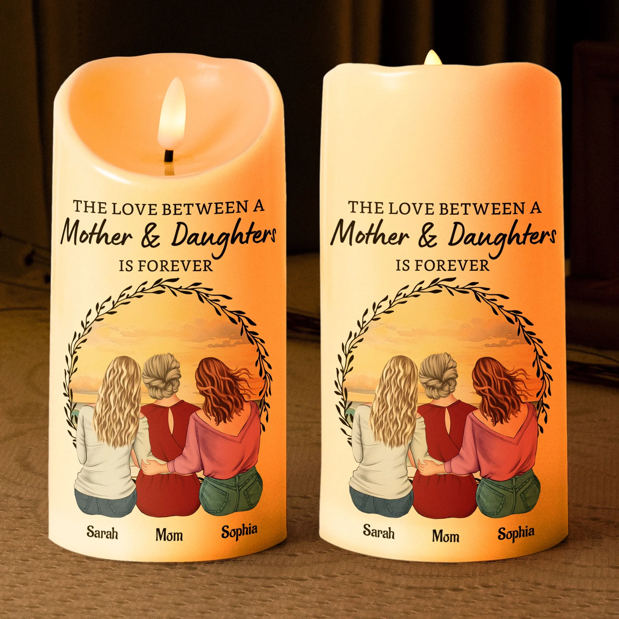Love Is Forever - Custom Mother‑Daughters Glow Candle, Sunset Back‑View Illustration, Safe Wax‑Like Lamp Gift - Image 5