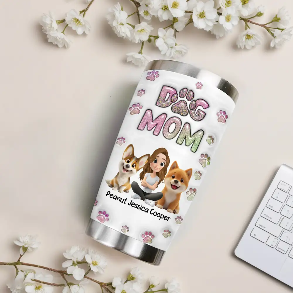Insulated Travel Tumbler – Cartoon Dog & Mom, Glitter “DOG MOM” Paw Design, Personalized Gift - Image 2