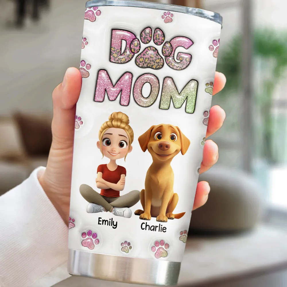 Insulated Travel Tumbler – Cartoon Dog & Mom, Glitter “DOG MOM” Paw Design, Personalized Gift - Image 3