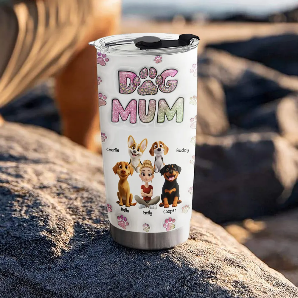 Insulated Travel Tumbler – Cartoon Dog & Mom, Glitter “DOG MOM” Paw Design, Personalized Gift - Image 4