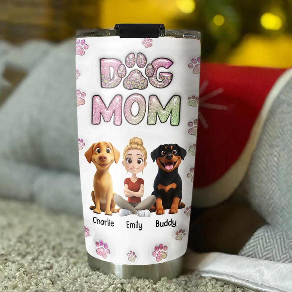 Insulated Travel Tumbler – Cartoon Dog & Mom, Glitter “DOG MOM” Paw Design, Personalized Gift - Image 5