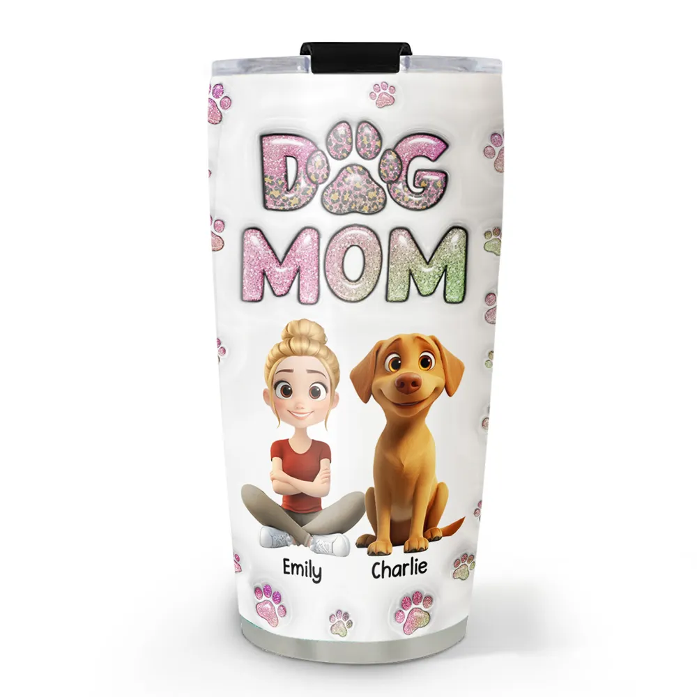 Insulated Travel Tumbler – Cartoon Dog & Mom, Glitter “DOG MOM” Paw Design, Personalized Gift - Image 6
