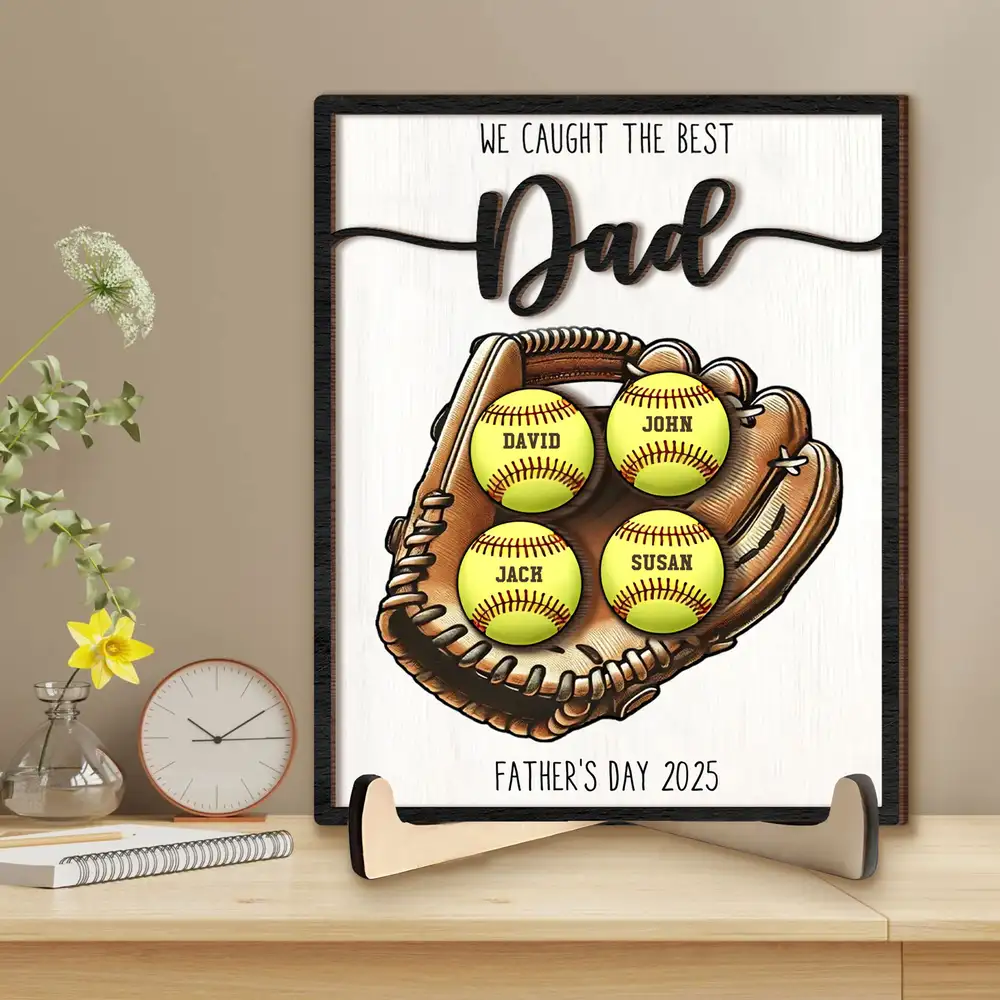 Custom Baseball, Softball  Glove & Kids Name 2-Layer Wooden Plaque - Unique Father’s Day Gift for Dad - Image 2