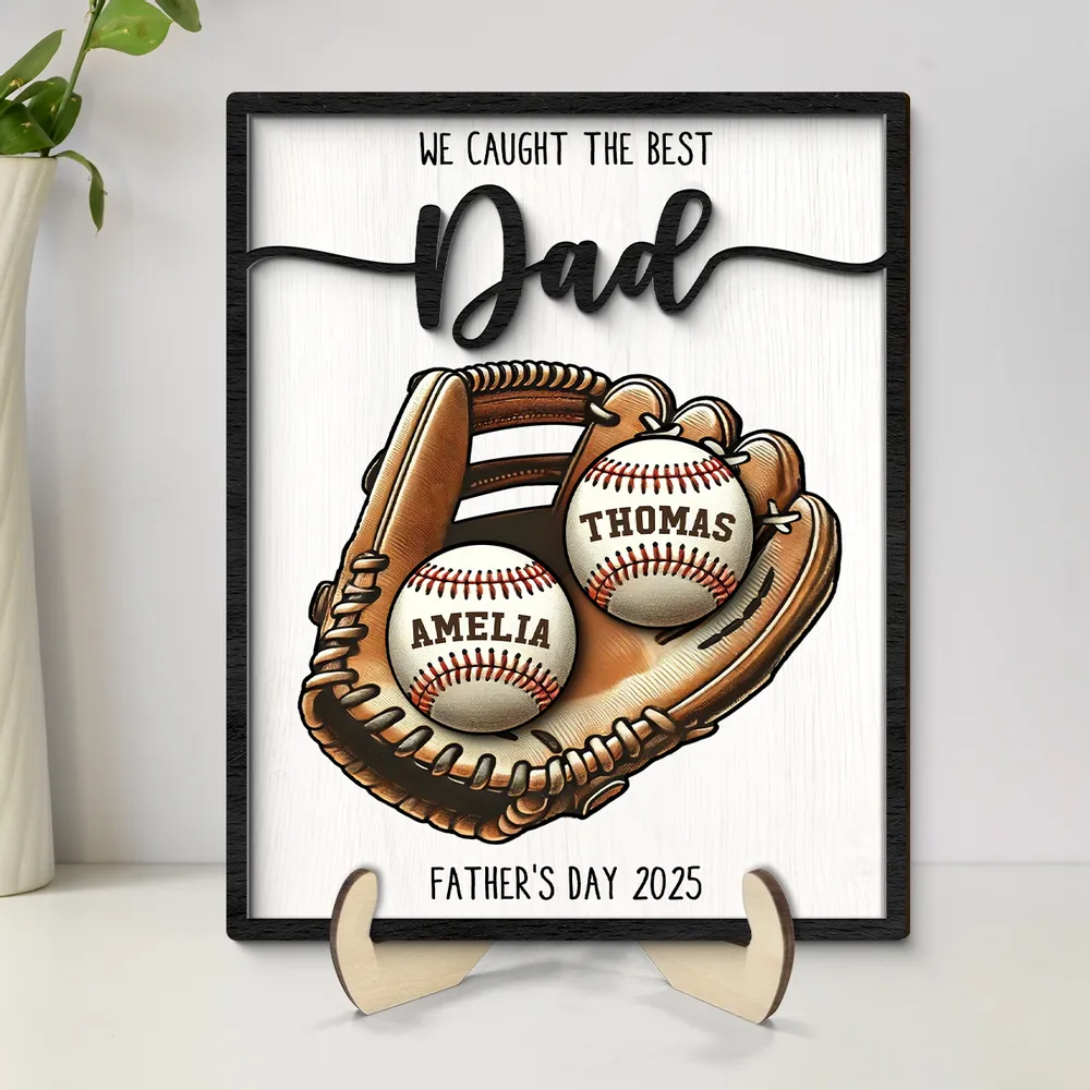 Custom Baseball, Softball  Glove & Kids Name 2-Layer Wooden Plaque - Unique Father’s Day Gift for Dad - Image 3