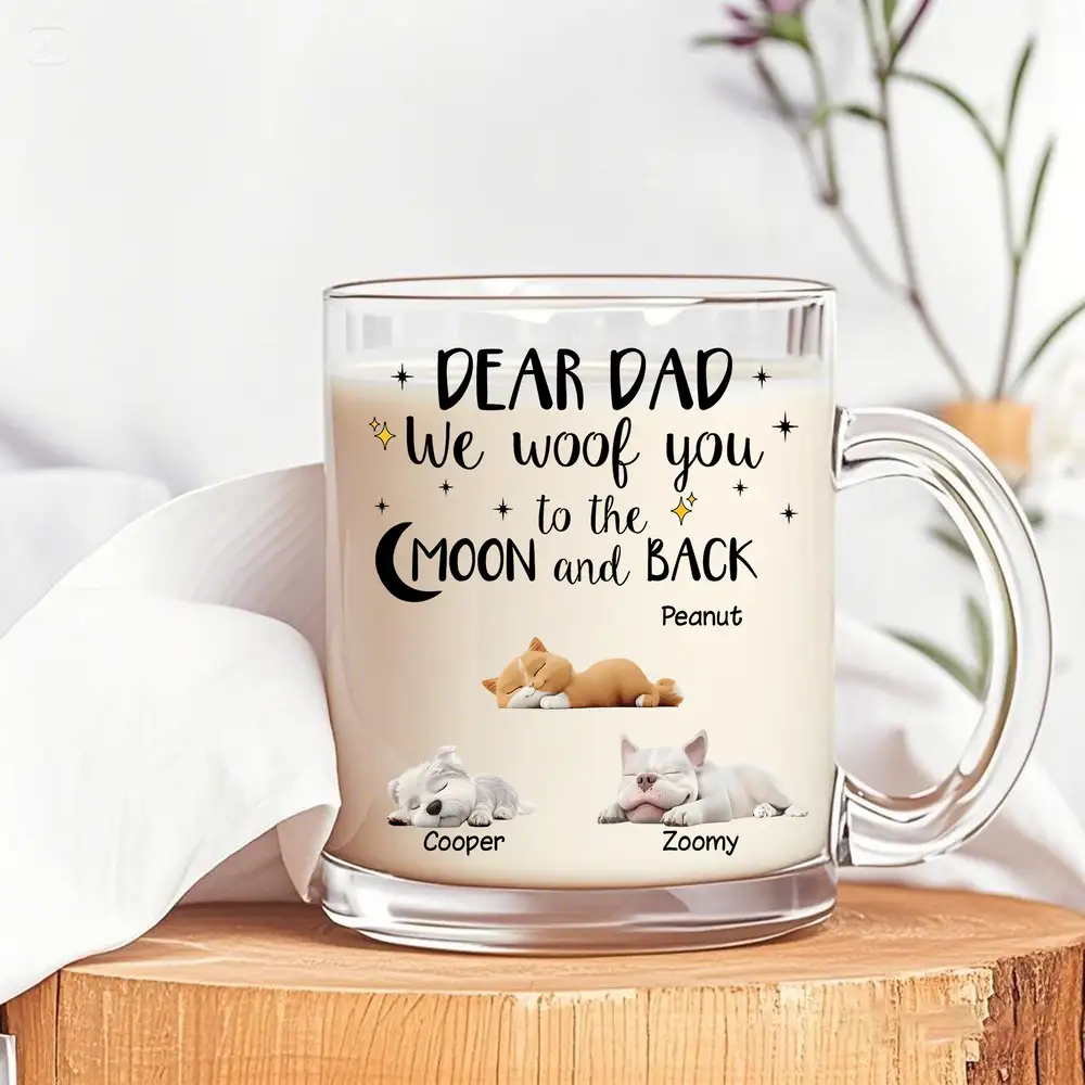 Dear Dad “I Woof You to the Moon & Back” Glass Mug – Sleepy Pup Art, Perfect Pet-Dad Gift