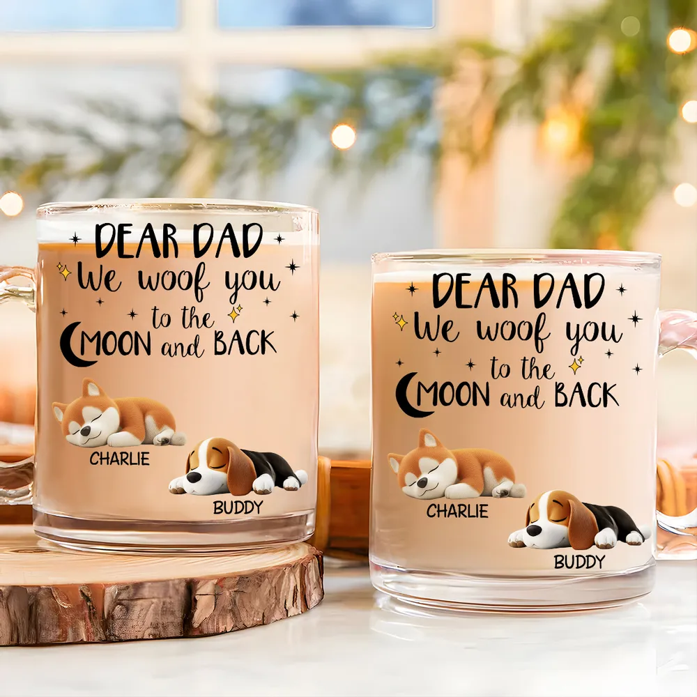 Dear Dad “I Woof You to the Moon & Back” Glass Mug – Sleepy Pup Art, Perfect Pet-Dad Gift - Image 7