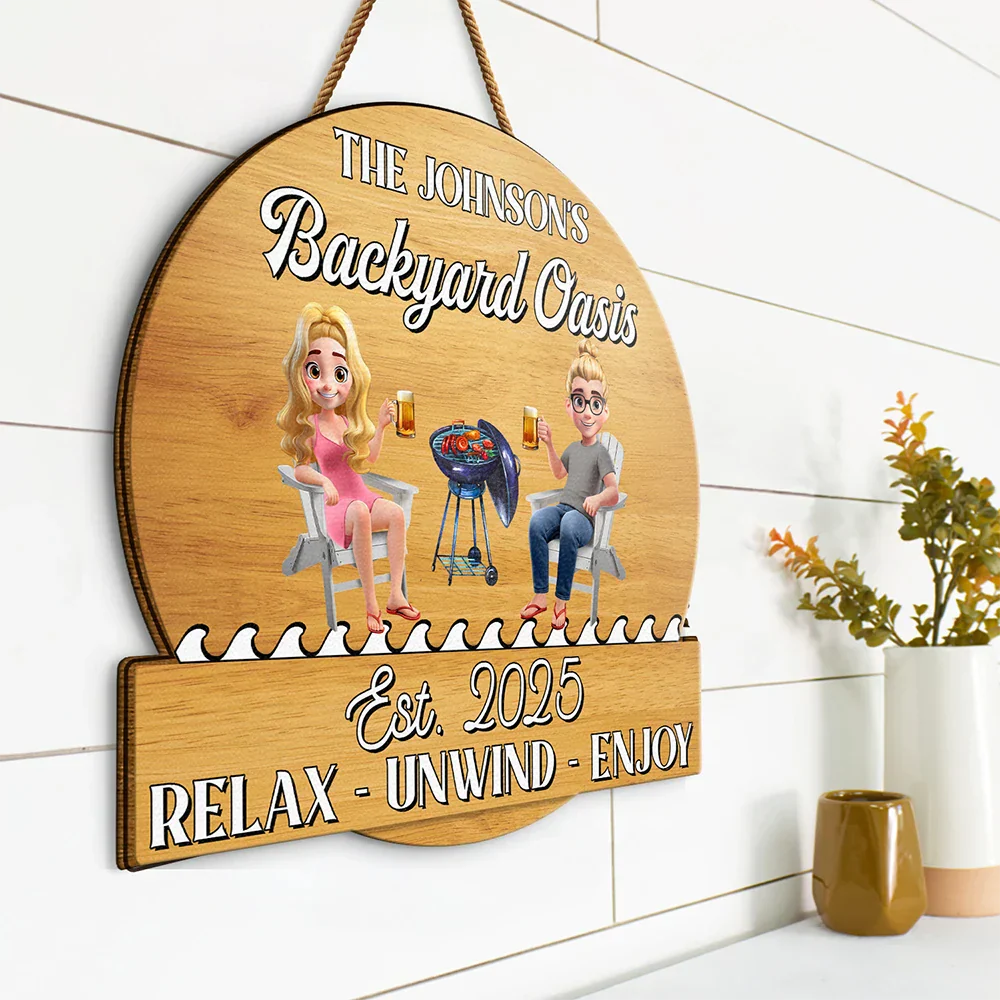 Personalized Wooden Poolside Sign with Sunset & Grill - Image 3