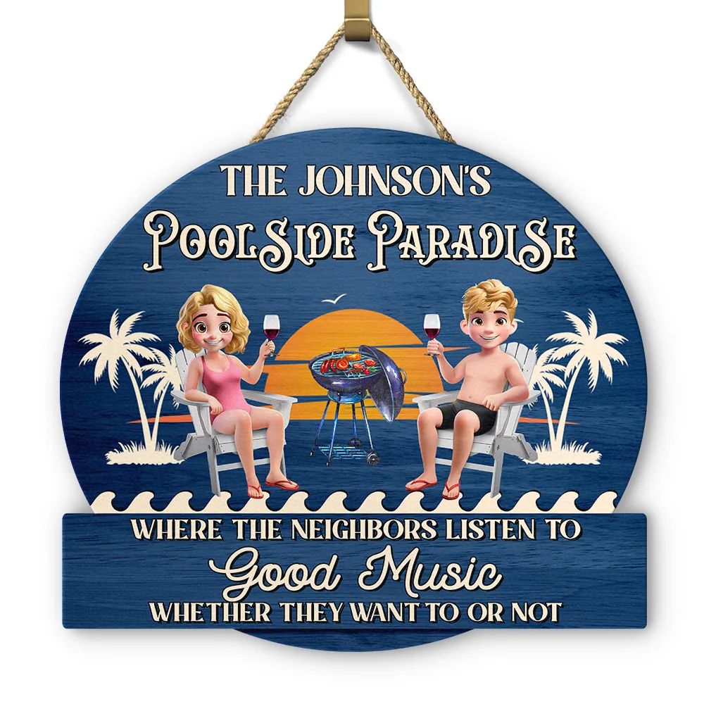 Personalized Wooden Poolside Sign with Sunset & Grill - Image 4