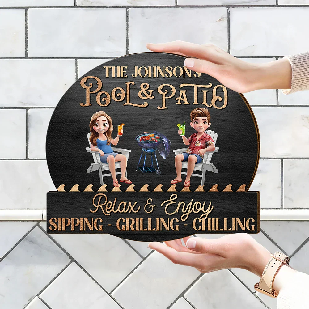 Personalized Wooden Poolside Sign with Sunset & Grill - Image 7