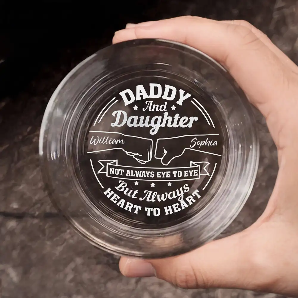 Daddy And Children Always Heart To Heart - Custom Whiskey Glass for Dad – Personalized Father’s Day or Birthday Gift