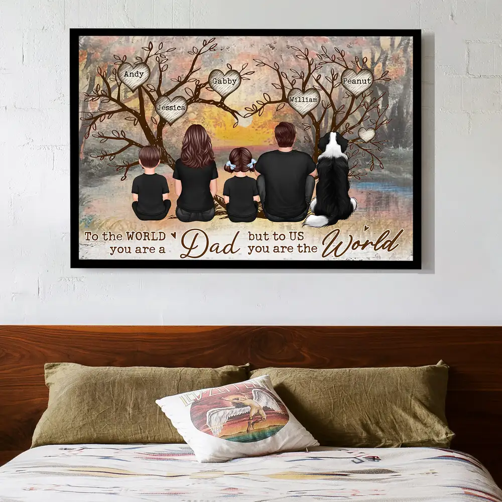 Back-View Family & Dog Tree Poster – “To the World You Are a Dad” Personalized Wall Art, Father’s Day Gift from Kids or Wife - Image 3