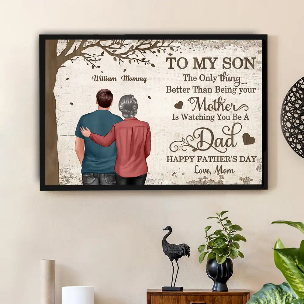 “To My Son” Rustic Poster – Mom‑and‑Son Back‑View Art, Heartfelt Father’s Day Gift, Personalized Names