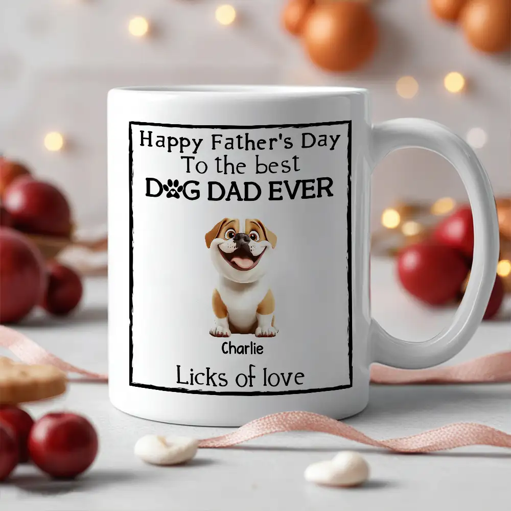 Happy Father’s Day Mug – Cartoon Dogs Sitting Together with Licks of Love – Personalized Gift for Dog Dads - Image 3