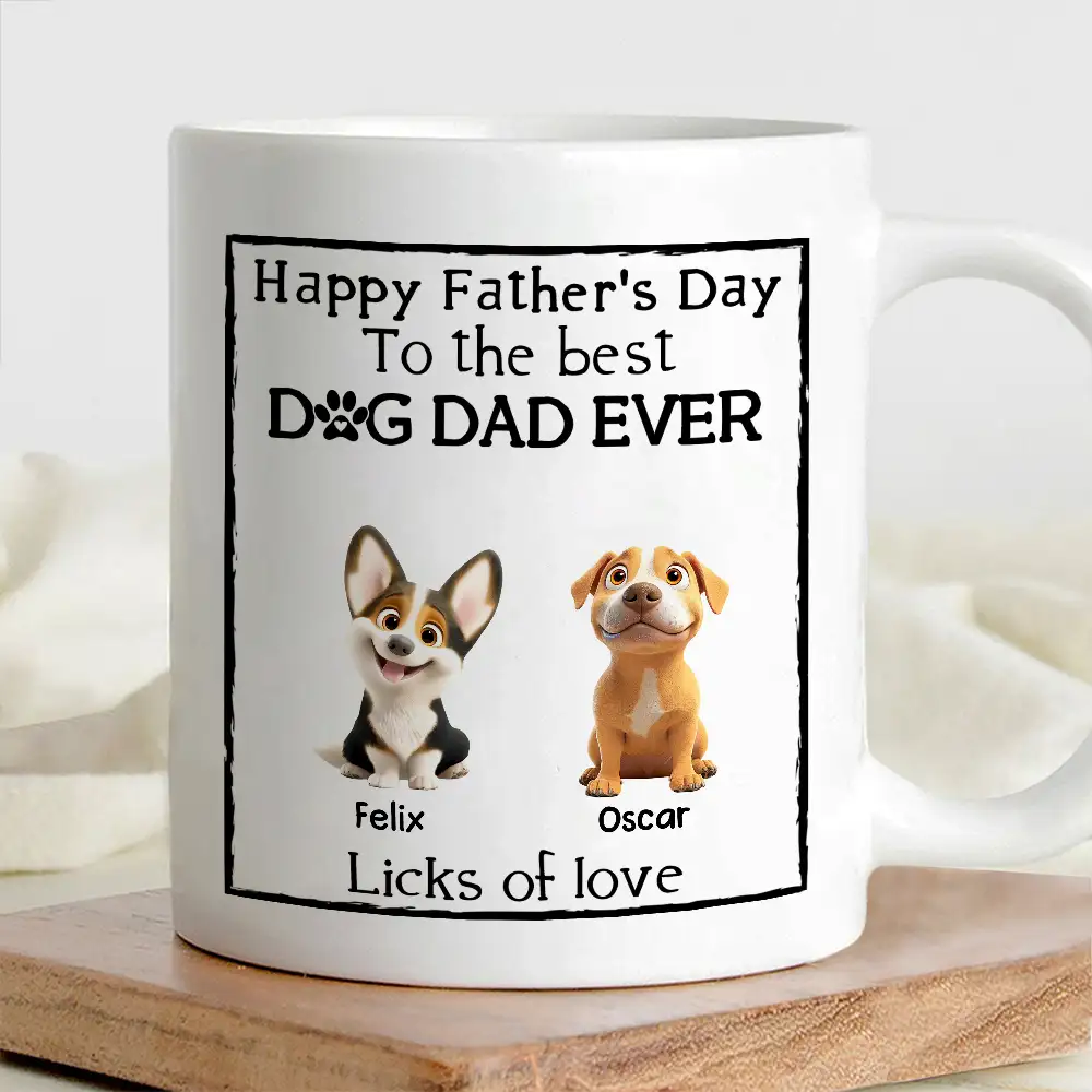 Happy Father’s Day Mug – Cartoon Dogs Sitting Together with Licks of Love – Personalized Gift for Dog Dads - Image 4