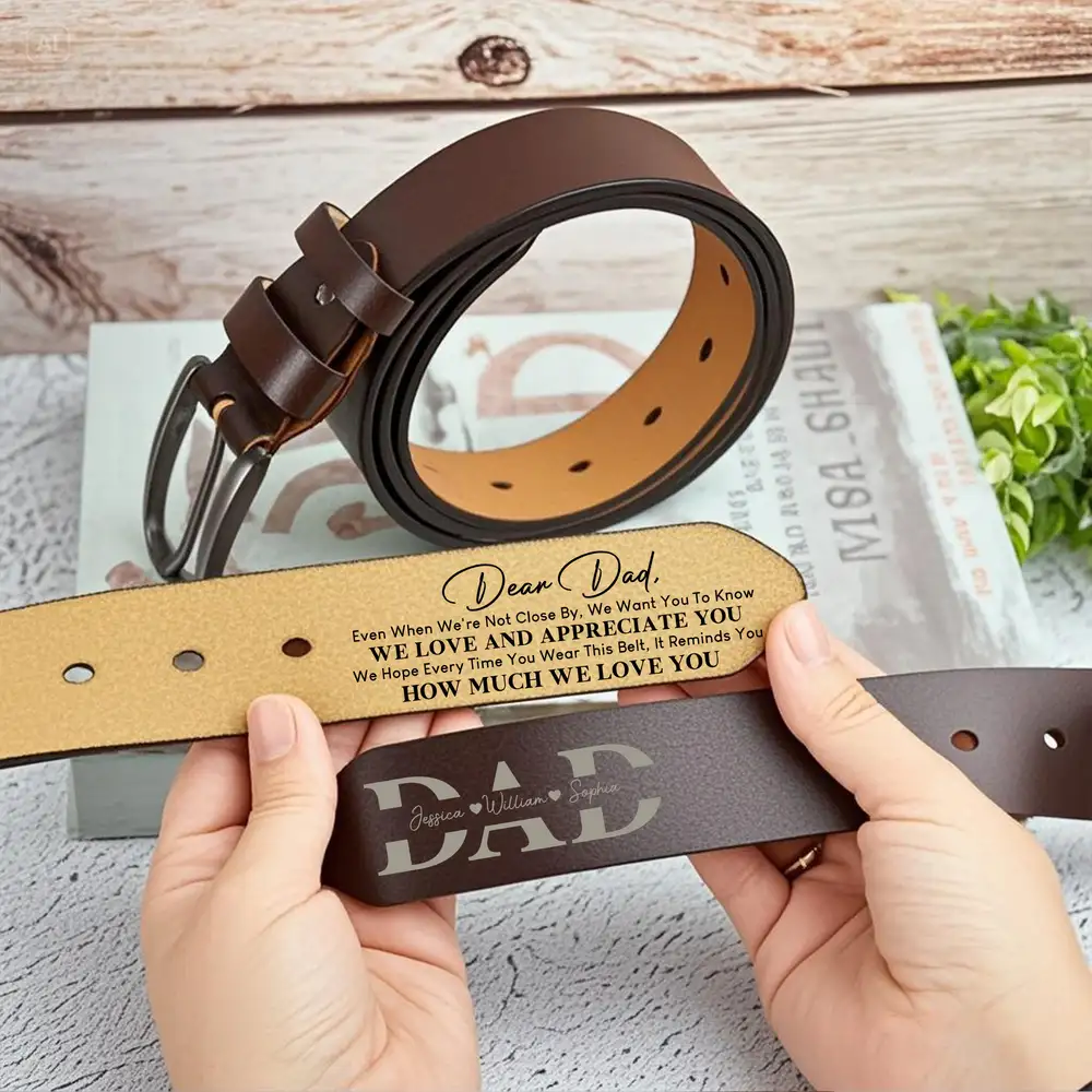 “Dear Dad” Personalized Belt – We Love & Appreciate You, Adjustable Brown Leather