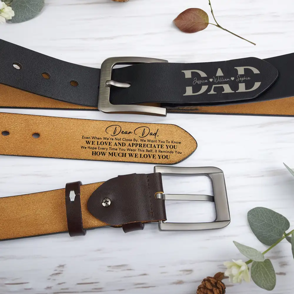 “Dear Dad” Personalized Belt – We Love & Appreciate You, Adjustable Brown Leather - Image 2