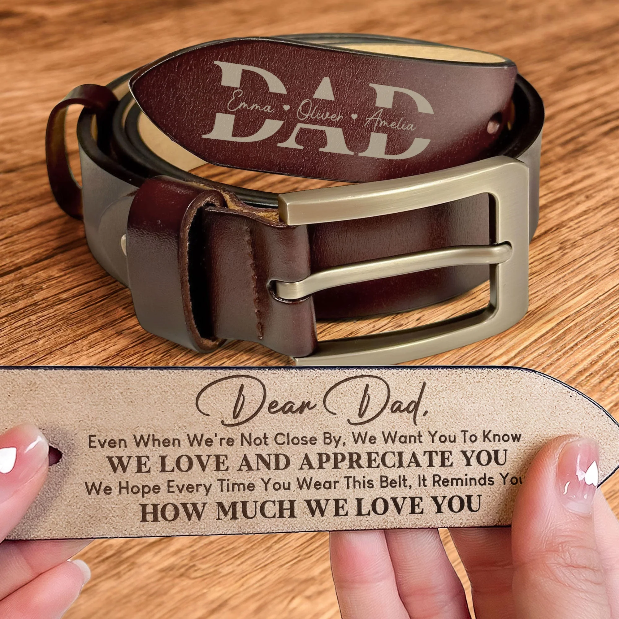 “Dear Dad” Personalized Belt – We Love & Appreciate You, Adjustable Brown Leather - Image 4