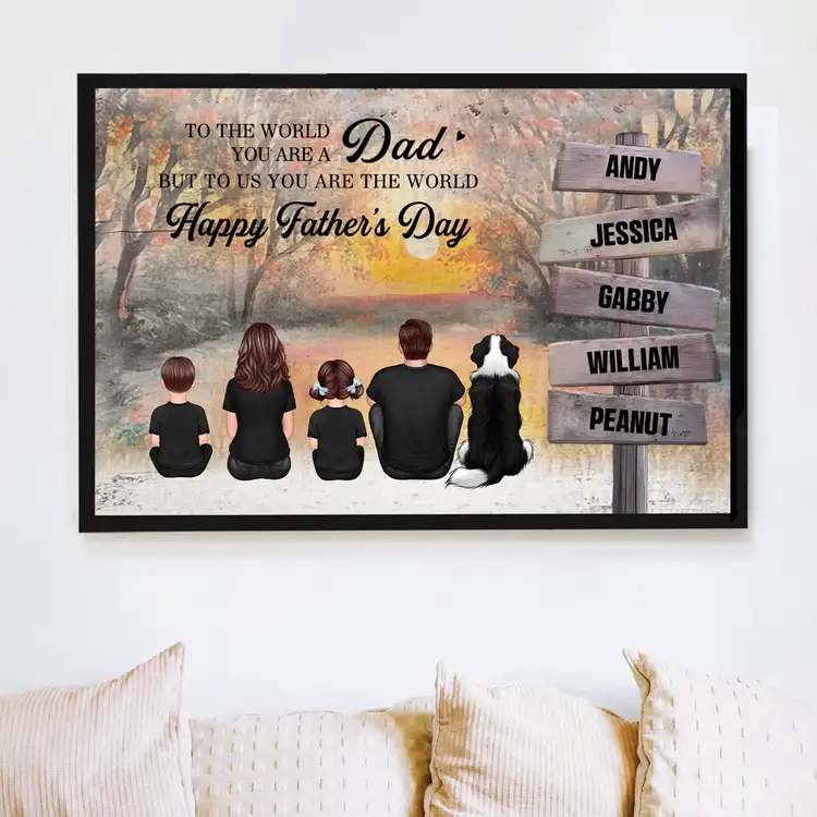 Custom Back‑View Family Canvas – Dad Is Our World Quote, Signpost with Names, Heartfelt Gift for Husband or Son - Image 2