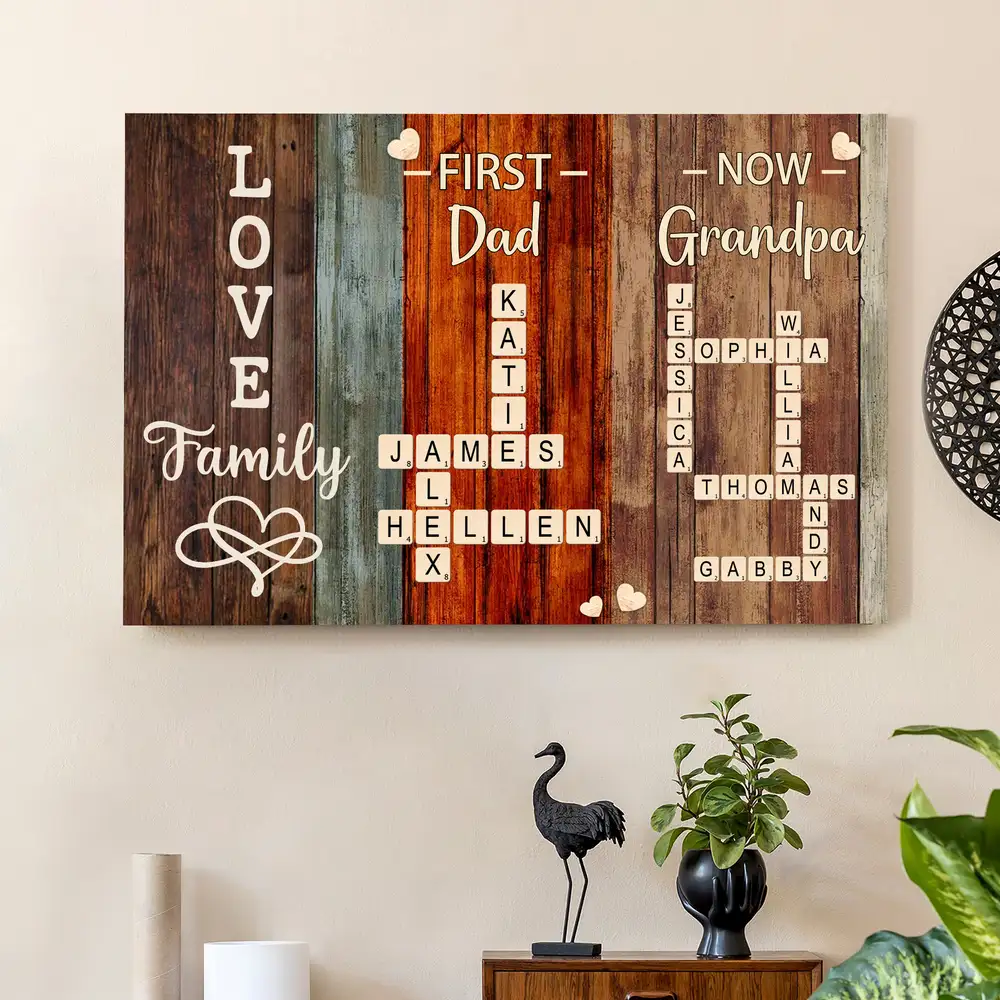 “First Dad, Now Grandpa” Rustic Crossword Poster – Personalized Family Names, Father’s Day Wall Art