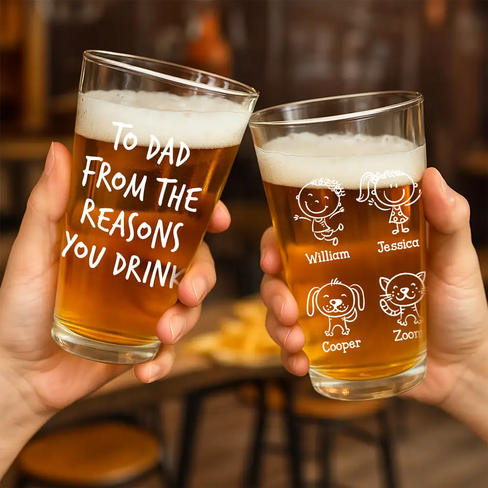 “To Dad” Personalized Beer Glass – Custom “From the Reasons You Drink” Heartwarming Father’s Day Gift with Cartoon Illustration - Image 2
