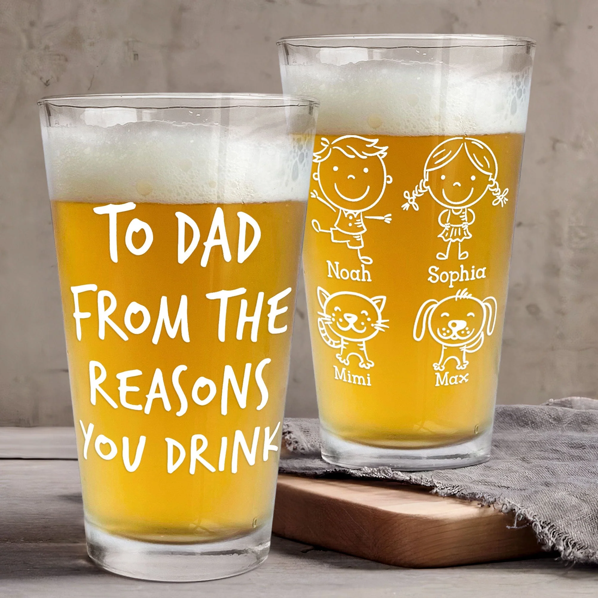 “To Dad” Personalized Beer Glass – Custom “From the Reasons You Drink” Heartwarming Father’s Day Gift with Cartoon Illustration - Image 3
