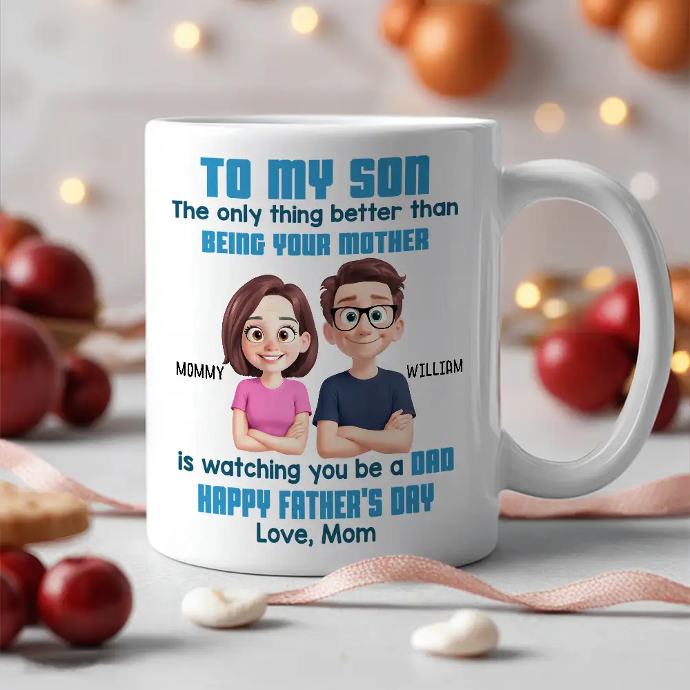 To My Son Happy Father's Day Cartoon Style Personalized Mug, Heartfelt Father's Day Gift For Son