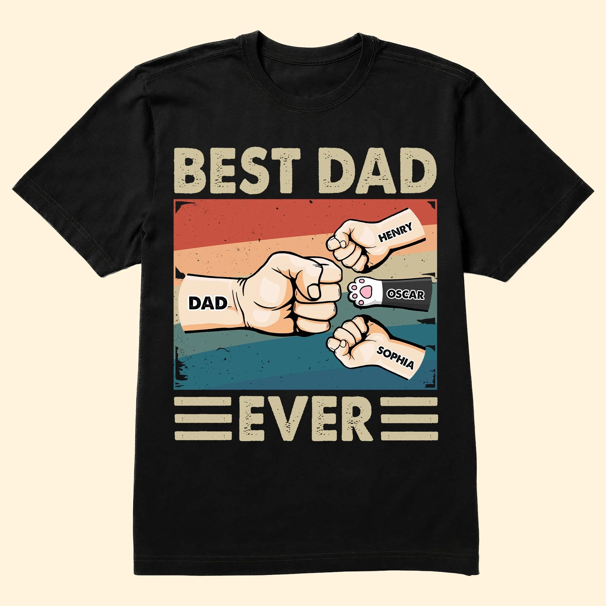 “Best Dad Ever” Retro Fist-Bump Classic Tee – Personalized Kids & Pet Names, Father’s Day Gift