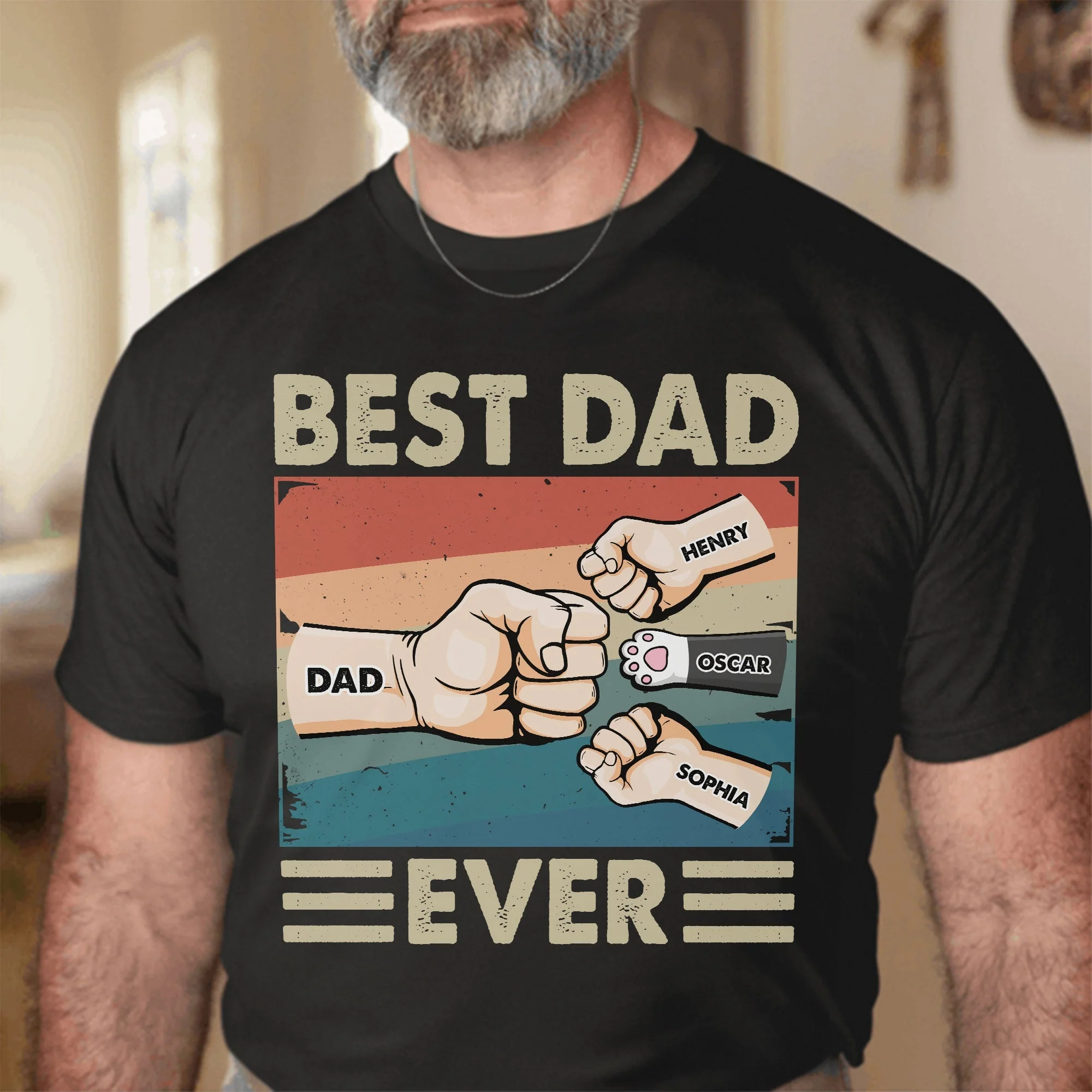 “Best Dad Ever” Retro Fist-Bump Classic Tee – Personalized Kids & Pet Names, Father’s Day Gift - Image 3