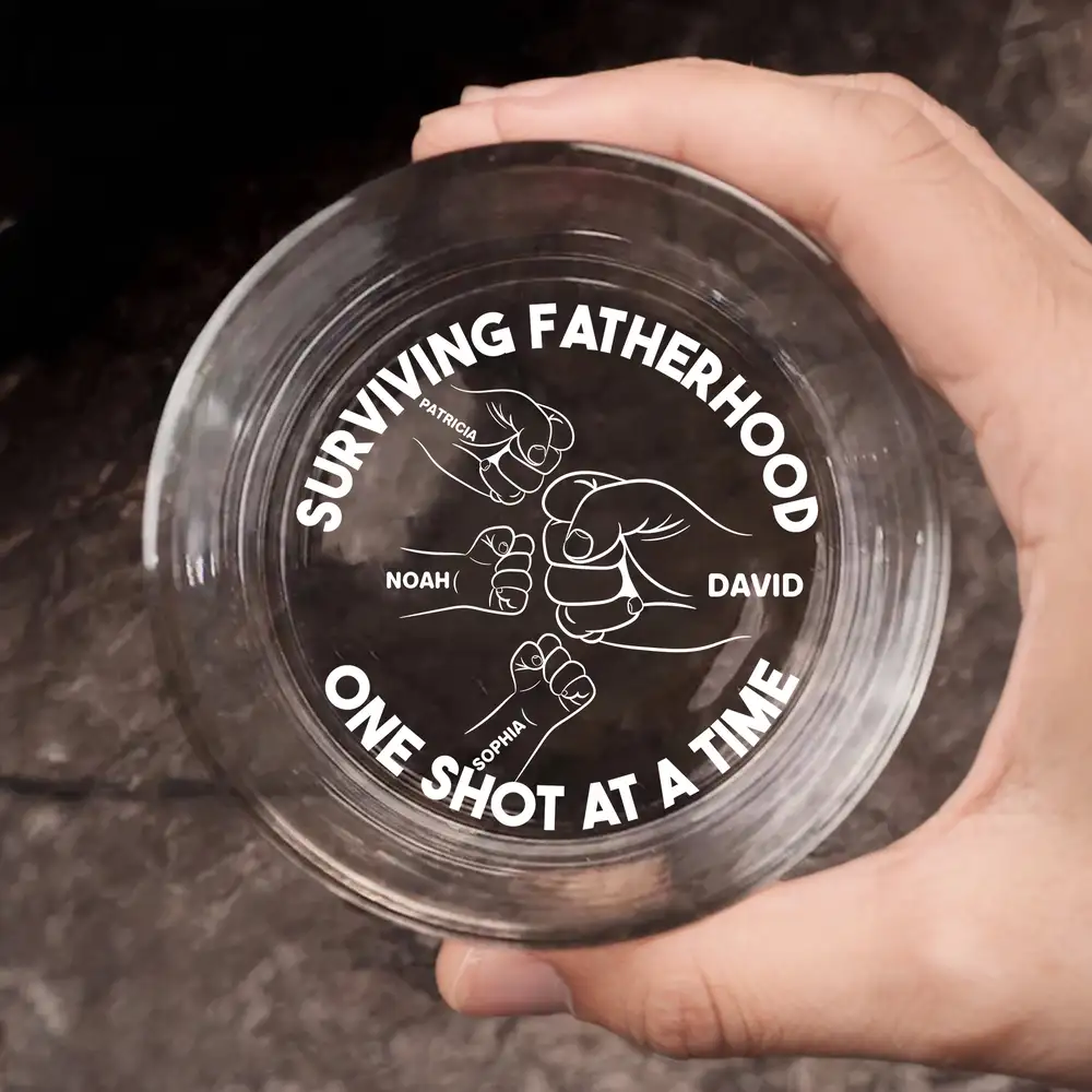 "Surviving Fatherhood One Shot at a Time" Laser-engraved Whiskey Glass – Funny Father’s Day Gift from Kids - Image 2