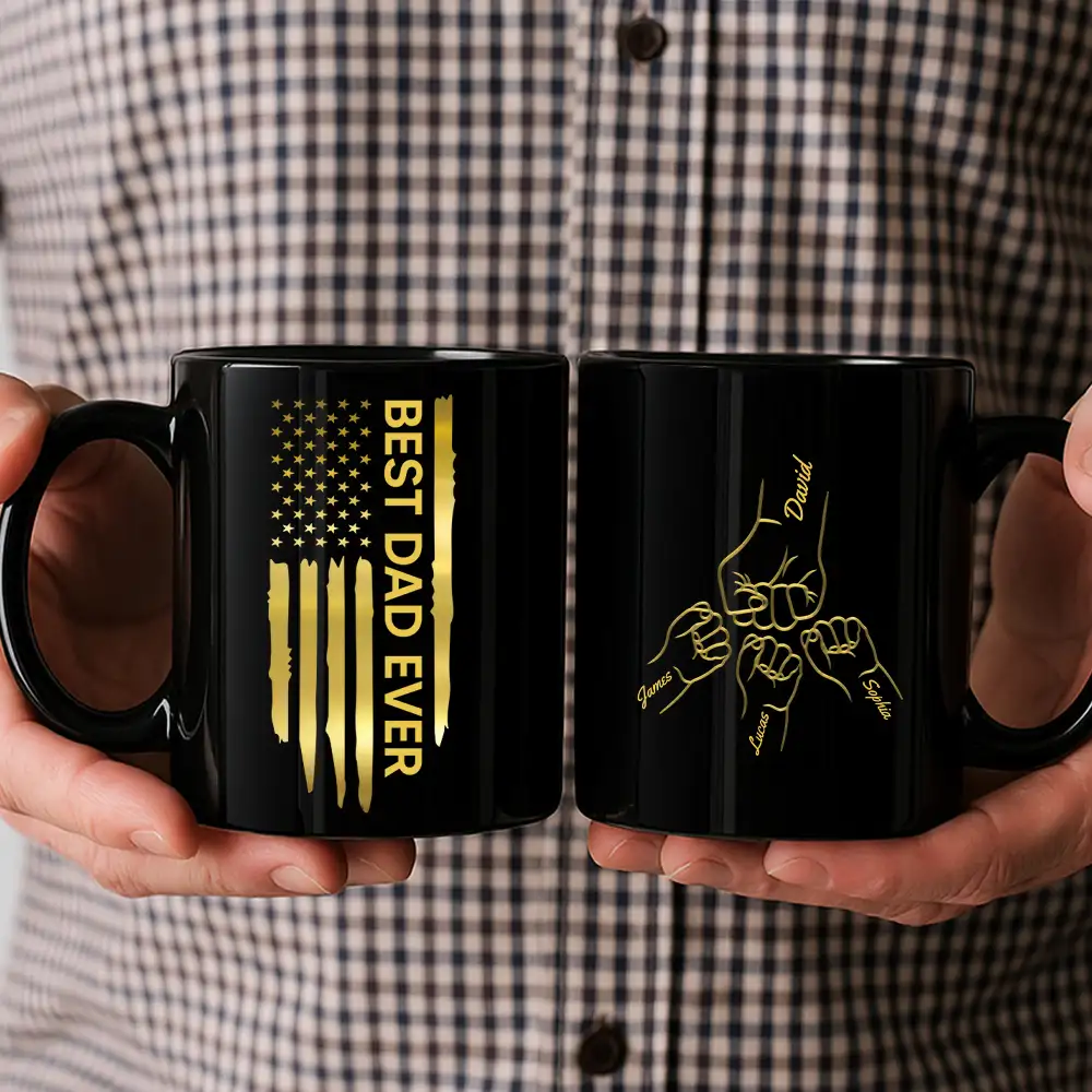 Custom Black Full Color Mug – Grandfather Father’s Day Gift with Kids' Names and American Flag