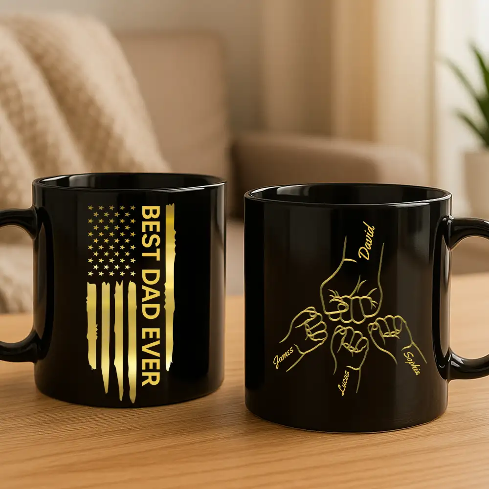 Custom Black Full Color Mug – Grandfather Father’s Day Gift with Kids' Names and American Flag - Image 2